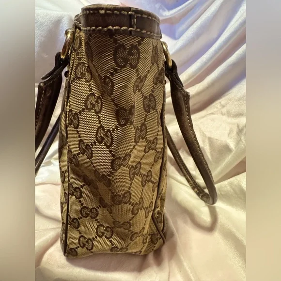 Gucci Tote GG Supreme Canvas Tote Vintage Small Monogram Brown Leather Trim COA - Picture 5 of 11